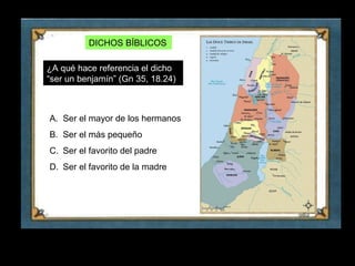 DICHOS BÍBLICOS

     ¿A qué hace referencia el dicho
     “ser un benjamín” (Gn 35, 18.24)



     A. Ser el mayor de los hermanos
     B. Ser el más pequeño
     C. Ser el favorito del padre
     D. Ser el favorito de la madre




24
 