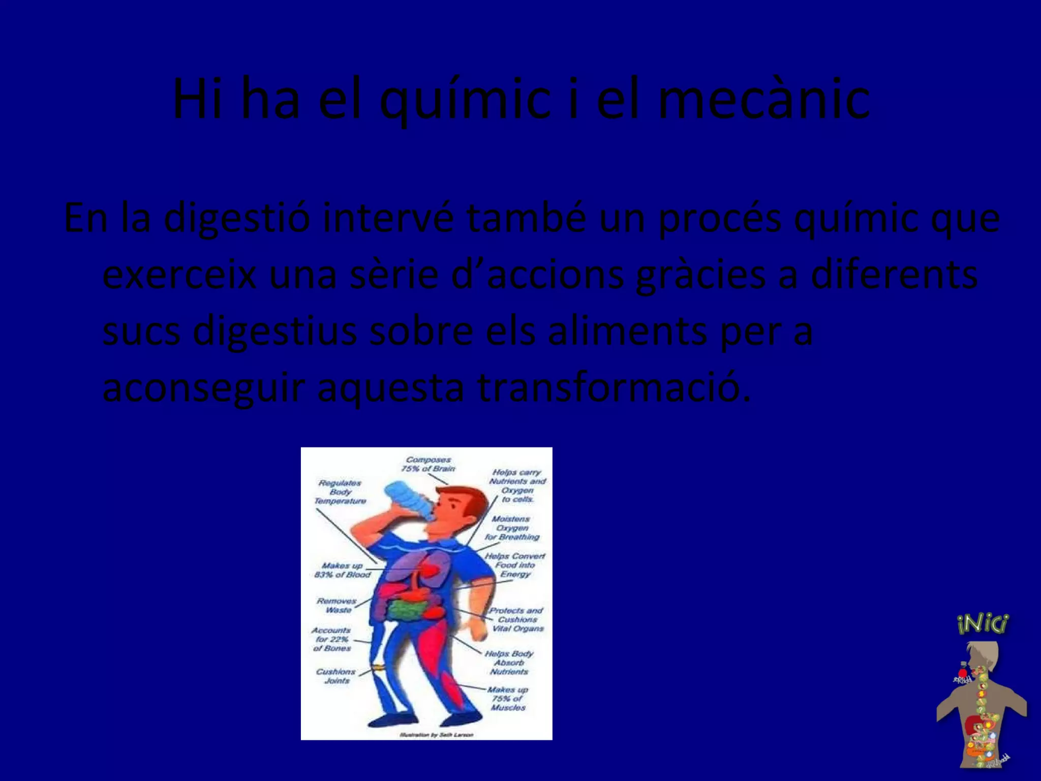 Hi ha el químic i el mecànic En la digestió intervé també un procés químic que exerceix una sèrie d’accions gràcies a diferents sucs digestius sobre els aliments per a aconseguir aquesta transformació. 