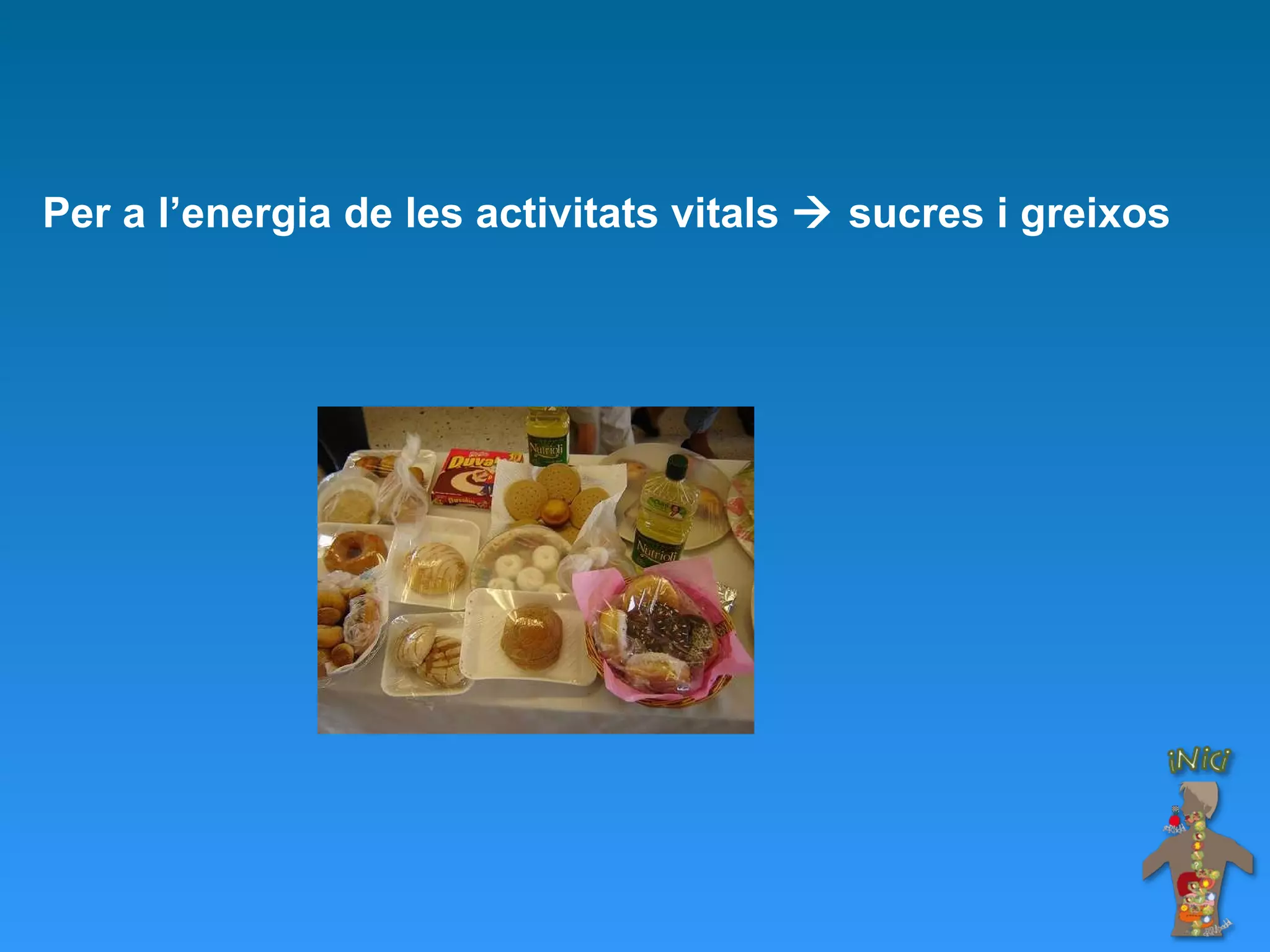 Per a l’energia de les activitats vitals    sucres i greixos 