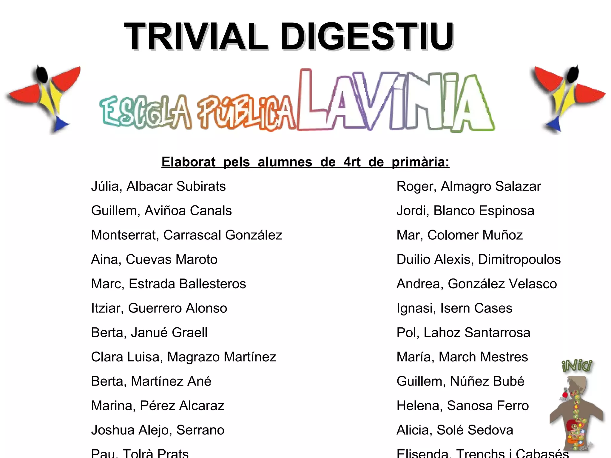 Elaborat  pels  alumnes  de  4rt  de  primària: Júlia, Albacar Subirats  Roger, Almagro Salazar Guillem, Aviñoa Canals Jordi, Blanco Espinosa Montserrat, Carrascal González Mar, Colomer Muñoz Aina, Cuevas Maroto Duilio Alexis, Dimitropoulos Marc, Estrada Ballesteros Andrea, González Velasco Itziar, Guerrero Alonso Ignasi, Isern Cases Berta, Janué Graell Pol, Lahoz Santarrosa Clara Luisa, Magrazo Martínez María, March Mestres Berta, Martínez Ané Guillem, Núñez Bubé Marina, Pérez Alcaraz Helena, Sanosa Ferro Joshua Alejo, Serrano Alicia, Solé Sedova Pau, Tolrà Prats Elisenda, Trenchs i Cabasés Olalla, Vercher Grasa Marc, Vicens Gómez Conceptualitzat  per: Celia Moreno Martí, professora 4rt de primària. Aneska Ortega Blanco i Júlia Coromina Cabeceran,  investigadores Universitat de Barcelona. Realitzat per: Aneska Ortega Blanco i Júlia Coromina Cabeceran Taulell dibuixat per: Miquel Francisco Nieto i Júlia Coromina Cabeceran  Amb l’assessoria de: Ana Teberobsky Coronado Dept. Psicologia Evolutiva i de l'Educació,  Facultat de Psicologia, Universitat de Barcelona Aquest producte va ser realitzat dintre del  projecte d’investigació i  innovació educativa &quot;Competències Lingüístiques i Rendiment Acadèmic&quot;,  orientat per la Universitat de Barcelona,  amb el suport de l'Escola Pública Lavínia. - 2010- TRIVIAL DIGESTIU 