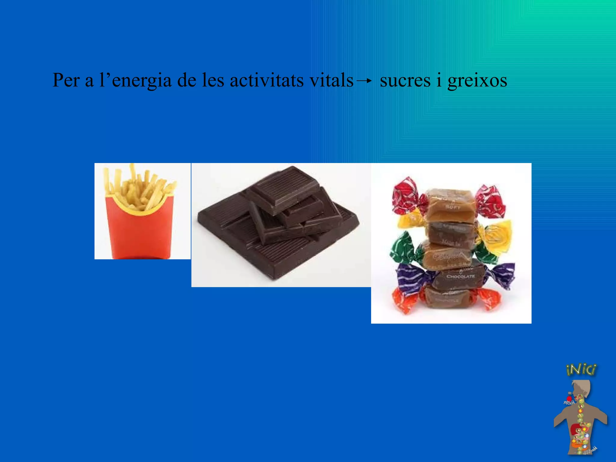 Per a l’energia de les activitats vitals  sucres i greixos 