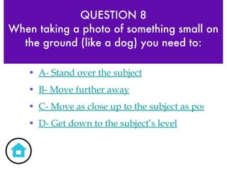 QUESTION 8 When taking a photo of something small on the ground (like a dog) you need to: A- Stand over the subject B- Move further away C- Move as close up to the subject as possible D- Get down to the subject’s level 