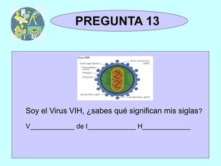 TRIVIAL
 1y2            PREGUNTA 13




  Soy el Virus VIH, ¿sabes qué significan mis siglas ?
  V____________ de I_____________ H_____________
 