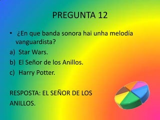 PREGUNTA 12
• ¿En que banda sonora hai unha melodía
  vanguardista?
a) Star Wars.
b) El Señor de los Anillos.
c) Harry Potter.

RESPOSTA: EL SEÑOR DE LOS
ANILLOS.
 