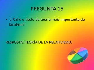PREGUNTA 15
• ¿ Cal é o título da teoría máis importante de
  Einstein?



RESPOSTA: TEORÍA DE LA RELATIVIDAD.
 