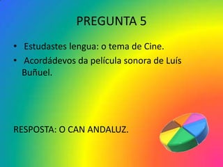 PREGUNTA 5
• Estudastes lengua: o tema de Cine.
• Acordádevos da película sonora de Luís
  Buñuel.




RESPOSTA: O CAN ANDALUZ.
 