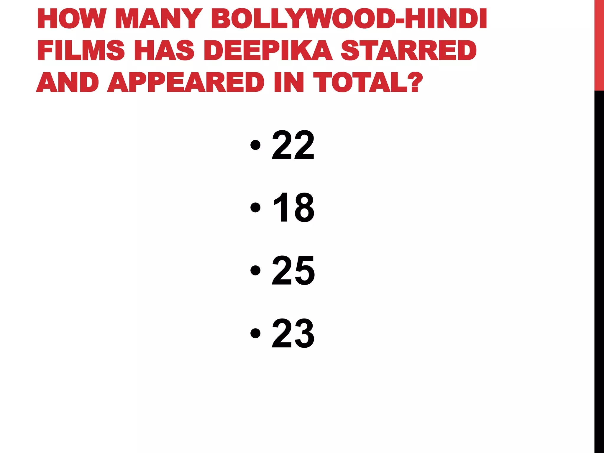 HOW MANY BOLLYWOOD-HINDI
FILMS HAS DEEPIKA STARRED
AND APPEARED IN TOTAL?
• 22
• 18
• 25
• 23
 