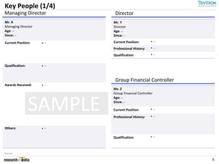 Key People (1/4)
Managing Director           Director
Mr. X                      Mr. Y
Managing Director          Director
Age: --                    Age: --
Since: --                  Since: --
                           Current Position:       • --
Current Position:   • --
                           Professional History:   • --

                           Qualification:          • --


Qualification:      • --



                            Group Financial Controller
Awards Received:    • --
                           Ms. Z
                           Group Financial Controller



                 SAMPLE
                           Age: --
                           Since: --

                           Current Position:       • --

                           Professional History:   • --


Others:             • --


                           Qualification:          • --




Source:

                                                          9
 