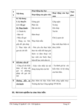 T
T
Nội dung
Hoạt động dạy học
Thời
gianHoạt động của giáo viên
Hoạt động của học
sinh
B. Nội dung:
I. Lý thuyết:
2.3. Cắt gọt
II. Thực hành:
1. Chuẩn bị:
- Bàn vải
- Máy cắt gọt
- Dụng cụ: bút,
giấy để ghi chép
2. Thực hiện cắt
gọt các chi tiết
Giảng giải
Phát vấn
Đặt câu hỏi
Đàm thoại
Thực hiện mẫu
- Nêu yêu cầu thực hiện
thao tác mẫu kết hợp giải
thích và đàm thoại với
học sinh các bước thực
hiện để học sinh nắm rõ.
Lắng nghe
Tư duy
Ghi chép
Trả lời
Chú ý quan sát
Học sinh thực hiện và
đưa ý kiến
4 Kết thúc vấn đề
- Cũng cố các kiến
thức: về máy cắt
gọt và phương
pháp cắt gọt chi
tiết
- Giáo viên nhắc lại nội
dung trọng tâm của bài
- Tự đánh giá lại các
kiến thức và kỹ năng
của bản thân.
5 Hướng dẫn tự
rèn luyện
Đọc thêm tài liệu: Giáo trình công nghệ may-
Trường đại học Công nghiệp TP HCM.
III. Rót kinh nghiÖm tæ chøc thùc hiÖn:
............................................................................................................................................
............................................................................................................................................
TTH. Tr ng TC Ngh KT – CN – TCN Ngh Anườ ề ệ Trang 26
 