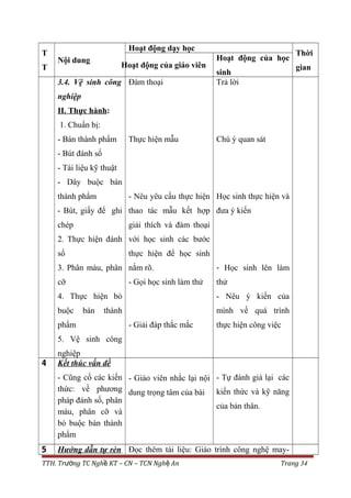 T
T
Nội dung
Hoạt động dạy học
Thời
gianHoạt động của giáo viên
Hoạt động của học
sinh
3.4. Vệ sinh công
nghiệp
II. Thực hành:
1. Chuẩn bị:
- Bán thành phẩm
- Bút đánh số
- Tài liệu kỹ thuật
- Dây buộc bán
thành phẩm
- Bút, giấy để ghi
chép
2. Thực hiện đánh
số
3. Phân màu, phân
cỡ
4. Thực hiện bó
buộc bán thành
phẩm
5. Vệ sinh công
nghiệp
Đàm thoại
Thực hiện mẫu
- Nêu yêu cầu thực hiện
thao tác mẫu kết hợp
giải thích và đàm thoại
với học sinh các bước
thực hiện để học sinh
nắm rõ.
- Gọi học sinh làm thử
- Giải đáp thắc mắc
Trả lời
Chú ý quan sát
Học sinh thực hiện và
đưa ý kiến
- Học sinh lên làm
thử
- Nêu ý kiến của
mình về quá trình
thực hiện công việc
4 Kết thúc vấn đề
- Cũng cố các kiến
thức: về phương
pháp đánh số, phân
màu, phân cỡ và
bó buộc bán thành
phẩm
- Giáo viên nhắc lại nội
dung trọng tâm của bài
- Tự đánh giá lại các
kiến thức và kỹ năng
của bản thân.
5 Hướng dẫn tự rèn Đọc thêm tài liệu: Giáo trình công nghệ may-
TTH. Tr ng TC Ngh KT – CN – TCN Ngh Anườ ề ệ Trang 34
 