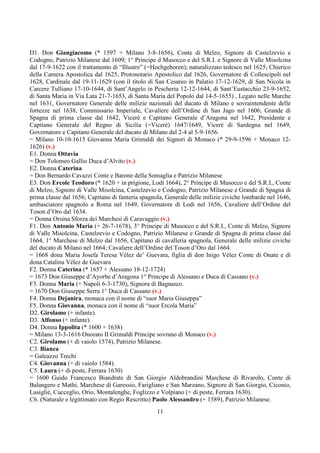 D1. Don Giangiacomo (* 1597 + Milano 3-8-1656), Conte di Melzo, Signore di Castelzevio e 
Codogno, Patrizio Milanese dal 1609; 1° Principe d Musocco e del S.R.I. e Signore di Valle Misolcina 
dal 17-9-1622 con il trattamento di “Illustre” (=Hochgeboren); naturalizzato tedesco nel 1625; Chierico 
della Camera Apostolica dal 1625, Protonotario Apostolico dal 1626, Governatore di Collescipoli nel 
1628, Cardinale dal 19-11-1629 (con il titolo di San Cesareo in Palatio 17-12-1629, di San Nicola in 
Carcere Tulliano 17-10-1644, di Sant’Angelo in Pescheria 12-12-1644, di Sant’Eustacchio 23-9-1652, 
di Santa Maria in Via Lata 21-7-1653, di Santa Maria del Popolo dal 14-5-1655) , Legato nelle Marche 
nel 1631, Governatore Generale delle milizie nazionali del ducato di Milano e sovraintendente delle 
fortezze nel 1638, Commissario Imperiale, Cavaliere dell’Ordine di San Jago nel 1606, Grande di 
Spagna di prima classe dal 1642, Vicerè e Capitano Generale d’Aragona nel 1642, Presidente e 
Capitano Generale del Regno di Sicilia (=Vicerè) 1647/1649, Vicerè di Sardegna nel 1649, 
Governatore e Capitano Generale del ducato di Milano dal 2-4 al 5-9-1656. 
= Milano 10-10-1615 Giovanna Maria Grimaldi dei Signori di Monaco (* 29-9-1596 + Monaco 12- 
1626) (v.) 
E1. Donna Ottavia 
= Don Tolomeo Gallio Duca d’Alvito (v.) 
E2. Donna Caterina 
= Don Bernardo Cavazzi Conte e Barone della Somaglia e Patrizio Milanese 
E3. Don Ercole Teodoro (* 1620 + in prigione, Lodi 1664), 2° Principe di Musocco e del S.R.I., Conte 
di Melzo, Signore di Valle Misolcina, Castelzevio e Codogno, Patrizio Milanese e Grande di Spagna di 
prima classe dal 1656; Capitano di fanteria spagnola, Generale delle milizie civiche lombarde nel 1646, 
ambasciatore spagnolo a Roma nel 1649, Governatore di Lodi nel 1656, Cavaliere dell’Ordine del 
Toson d’Oro dal 1634. 
= Donna Orsina Sforza dei Marchesi di Caravaggio (v.) 
F1. Don Antonio Maria (+ 26-7-1678), 3° Principe di Musocco e del S.R.I., Conte di Melzo, Signore 
di Valle Misolcina, Castelzevio e Codogno, Patrizio Milanese e Grande di Spagna di prima classe dal 
1664, 1° Marchese di Melzo dal 1656, Capitano di cavalleria spagnola, Generale delle milizie civiche 
del ducato di Milano nel 1664; Cavaliere dell’Ordine del Toson d’Oro dal 1664. 
= 1668 dona Maria Josefa Teresa Vélez de’ Guevara, figlia di don Inigo Vélez Conte di Onate e di 
dona Catalina Vélez de Guevara 
F2. Donna Caterina (* 1657 + Alessano 18-12-1724) 
= 1673 Don Giuseppe d’Ayorbe d’Aragona 1° Principe di Alessano e Duca di Cassano (v.) 
F3. Donna Maria (+ Napoli 6-3-1730), Signora di Bagnasco. 
= 1670 Don Giuseppe Serra 1° Duca di Cassano (v.) 
F4. Donna Dejanira, monaca con il nome di “suor Maria Giuseppa” 
F5. Donna Giovanna, monaca con il nome di “suor Ercola Maria” 
D2. Girolamo (+ infante). 
D3. Alfonso (+ infante). 
D4. Donna Ippolita (* 1600 + 1638) 
= Milano 13-3-1616 Onorato II Grimaldi Principe sovrano di Monaco (v.) 
C2. Girolamo (+ di vaiolo 1574), Patrizio Milanese. 
C3. Bianca 
= Galeazzo Trechi 
C4. Giovanna (+ di vaiolo 1584). 
C5. Laura (+ di peste, Ferrara 1630) 
= 1600 Guido Francesco Biandrate di San Giorgio Aldobrandini Marchese di Rivarolo, Conte di 
Balangero e Mathi, Marchese di Garessio, Farigliano e San Marzano, Signore di San Giorgio, Ciconio, 
Lusiglié, Cucceglio, Orio, Montalenghe, Foglizzo e Volpiano (+ di peste, Ferrara 1630). 
C6. (Naturale e legittimato con Regio Rescritto) Paolo Alessandro (+ 1589), Patrizio Milanese. 
11 
 