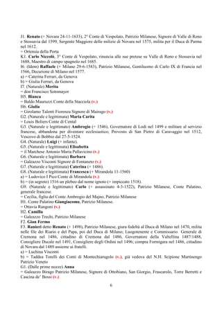J1. Renato (+ Novara 24-11-1633), 2° Conte di Vespolato, Patrizio Milanese, Signore di Valle di Reno 
e Stossavia dal 1599, Sergente Maggiore delle milizie di Novara nel 1575, milita per il Duca di Parma 
nel 1612. 
= Ortensia della Porta 
K1. Carlo Niccolò, 3° Conte di Vespolato, rinuncia alle sue pretese su Valle di Reno e Stossavia nel 
1688, Maestro di campo spagnolo nel 1685. 
I6. (Idem) Raffaele (+ Milano 29-6-1583), Patrizio Milanese, Gentiluomo di Carlo IX di Francia nel 
1566, Decurione di Milano nel 1577. 
a) = Caterina Ferrari, da Genova 
b) = Giulia Ferrari, da Genova 
I7. (Naturale) Merita 
= don Francisco Sotomayor 
H5. Bianca 
= Baldo Mauruzzi Conte della Stacciola (v.) 
H6. Giulia 
= Girolamo Talenti Fiorenza Signore di Mairago (v.) 
G2. (Naturale e legittimata) Maria Carita 
= Louis Boliers Conte di Cental 
G3. (Naturale e legittimato) Ambrogio (+ 1546), Governatore di Lodi nel 1499 e militare al servizio 
francese, abbandona per diventare ecclesiastico; Prevosto di San Pietro di Caravaggio nel 1512, 
Vescovo di Bobbio dal 27-5-1524. 
G4. (Naturale) Luigi (+ infante). 
G5. (Naturale e legittimata) Elisabetta 
= il Marchese Antonio Maria Pallavicino (v.) 
G6. (Naturale e legittimata) Barbara 
= Galeazzo Visconti Signore di Fontaneto (v.) 
G7. (Naturale e legittimata) Caterina (+ 1486). 
G8. (Naturale e legittimata) Francesca (+ Mirandola 11-1560) 
a) = Ludovico I Pico Conte di Mirandola (v.) 
b) = (in segreto) 1516 un plebeo dal nome ignoto (+ impiccato 1518). 
G9. (Naturale e legittimato) Carlo (+ assassinato 4-3-1522), Patrizio Milanese, Conte Palatino, 
generale francese. 
= Cecilia, figlia del Conte Ambrogio del Majno, Patrizio Milanese 
H1. Conte Palatino Giangiacomo, Patrizio Milanese. 
= Ottavia Rangoni (v.) 
H2. Camilla 
= Galeazzo Trechi, Patrizio Milanese 
F2. Gian Fermo 
F3. Ranieri detto Renato (+ 1498), Patrizio Milanese, giura fedeltà al Duca di Milano nel 1470, milita 
nelle file dei Riario e del Papa, poi del Duca di Milano; Luogotenente e Commissario Generale di 
Cremona nel 1486, cittadino di Cremona dal 1486, Governatore della Valtellina 1487/1488, 
Consigliere Ducale nel 1491, Consigliere degli Ordini nel 1496; compra Formigara nel 1486, cittadino 
di Novara dal 1489 assieme ai fratelli. 
a) = Luchina Visconti 
b) = Taddea Torelli dei Conti di Montechiarugolo (v.), già vedova del N.H. Scipione Martinengo 
Patrizio Veneto 
G1. (Dalle prime nozze) Anna 
= Galeazzo Birago Patrizio Milanese, Signore di Ottobiano, San Giorgio, Frascarolo, Torre Berretti e 
Cascina de’ Bossi (v.) 
6 
 