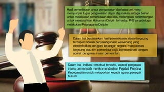 Dalam hal berdasarkan hasil pemeriksaan atasanlangsung
terdapat indikasi penyalahgunaan wewenang yang
menimbulkan kerugian keuangan negara, maka atasan
langsung atau tim pemeriksa wajib berkoordinasi dengan
aparat pengawas intern pemerintah.
Hasil pemeriksaan unsur pengawasan dan/atau unit yang
mempunyai tugas pengawasan dapat digunakan sebagai bahan
untuk melakukan pemeriksaan dan/atau melengkapi pertimbangan
untuk menjatuhkan Hukuman Disiplin terhadap PNSyang diduga
melakukan PelanggaranDisiplin
Dalam hal indikasi tersebut terbukti, aparat pengawas
intern pemerintah merekomendasikan Pejabat Pembina
Kepegawaian untuk melaporkan kepada aparat penegak
hukum.
 
