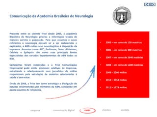 Comunicação da Academia Brasileira de Neurologia



Presente entre os clientes Trixe desde 2005, a Academia
Brasileira de Neurologia prioriza a informação levada de
maneira correta à população. Para que assuntos e casos
referentes à neurologia possam vir a ser esclarecidos e               •      2005 – em torno de 150 matérias
explicados, a ABN coloca seus neurologistas à disposição da
imprensa. Assuntos como AVC, Parkinson, Sono, Alzheimer,              •      2006 – em torno de 300 matérias
Cefaleia e Epilepsia têm como suas principais fontes
especialistas dos variados departamentos da ABN todos os
dias.                                                                 •      2007 – em torno de 2640 matérias

Campanhas foram elaboradas e a Trixe Comunicação                      •      2008 – em torno de 1200 matérias
Empresarial pode então promover coletivas de imprensa,
estreitando o relacionamento com jornalistas de mídias
                                                                      •      2009 – 2200 mídias
responsáveis pela veiculação de matérias relacionadas à
saúde e bem-estar.
                                                                      •      2010 – 2458 mídias
Desde de 2008, a Trixe tem como estratégia a divulgação de
estudos desenvolvidos por membros da ABN, colocando em                •      2011 – 1579 mídias
pauta assuntos de relevância.




                  empresa            comunicação digital      cases       clientes        contato
 