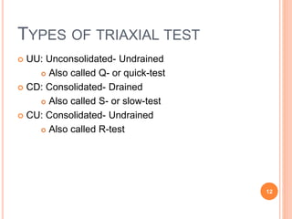 Types of triaxial test
• UU: Unconsolidated- Undrained
• Also called Q- or quick-test
• CD: Consolidated- Drained
• Also called S- or slow-test
• CU: Consolidated- Undrained
• Also called R-test
12
 