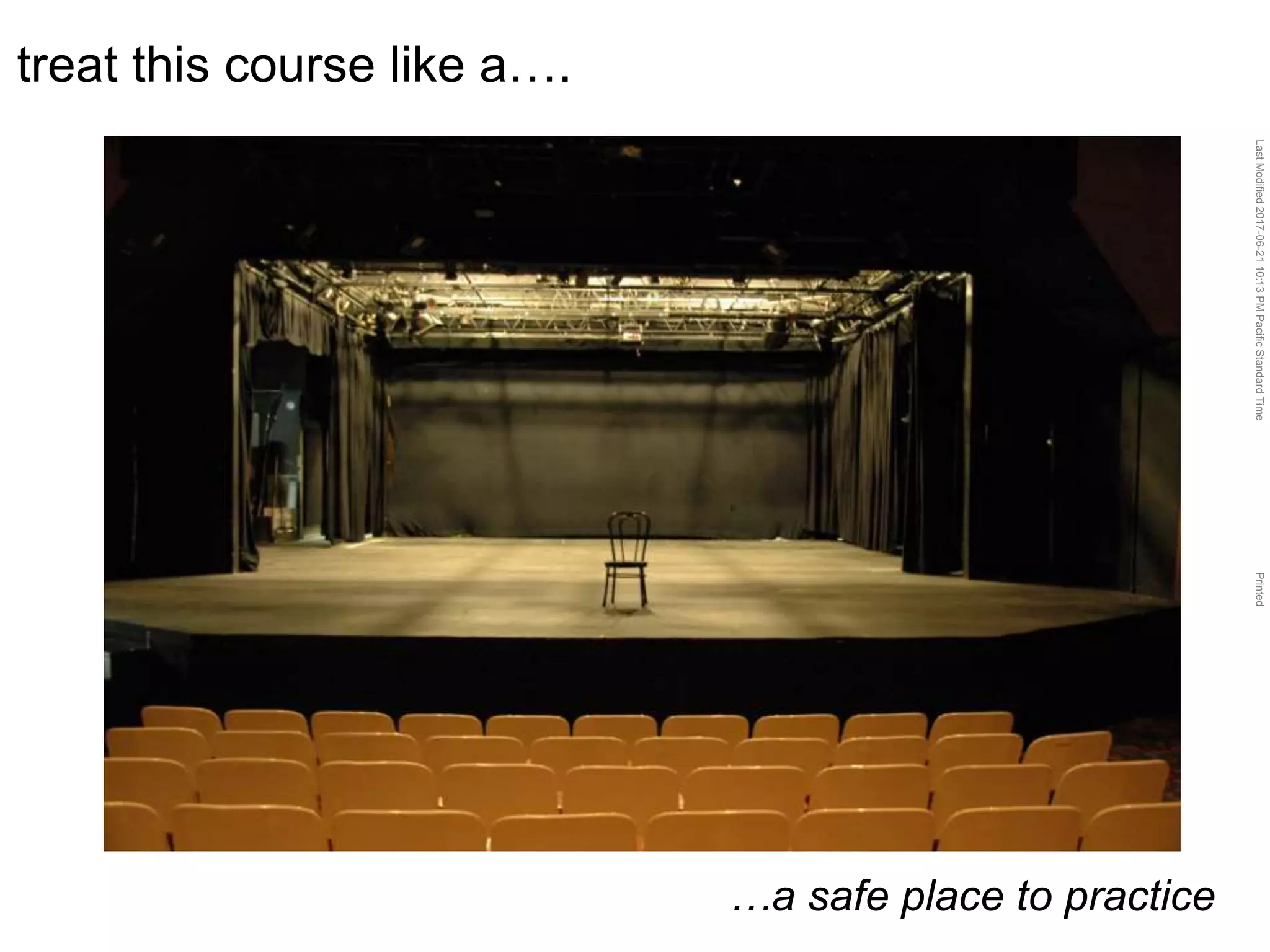 LastModified2017-06-2110:13PMPacificStandardTimePrinted
…a safe place to practice
treat this course like a….
 