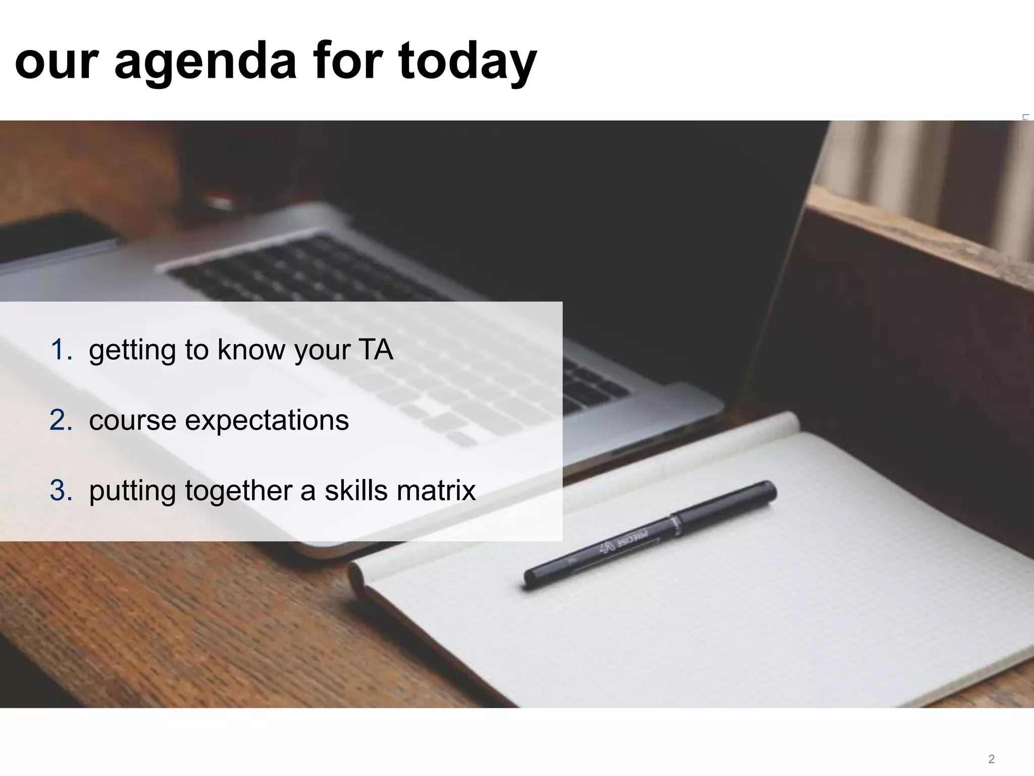 LastModified2017-06-2110:13PMPacificStandardTimePrinted
2
our agenda for today
1. getting to know your TA
2. course expectations
3. putting together a skills matrix
 