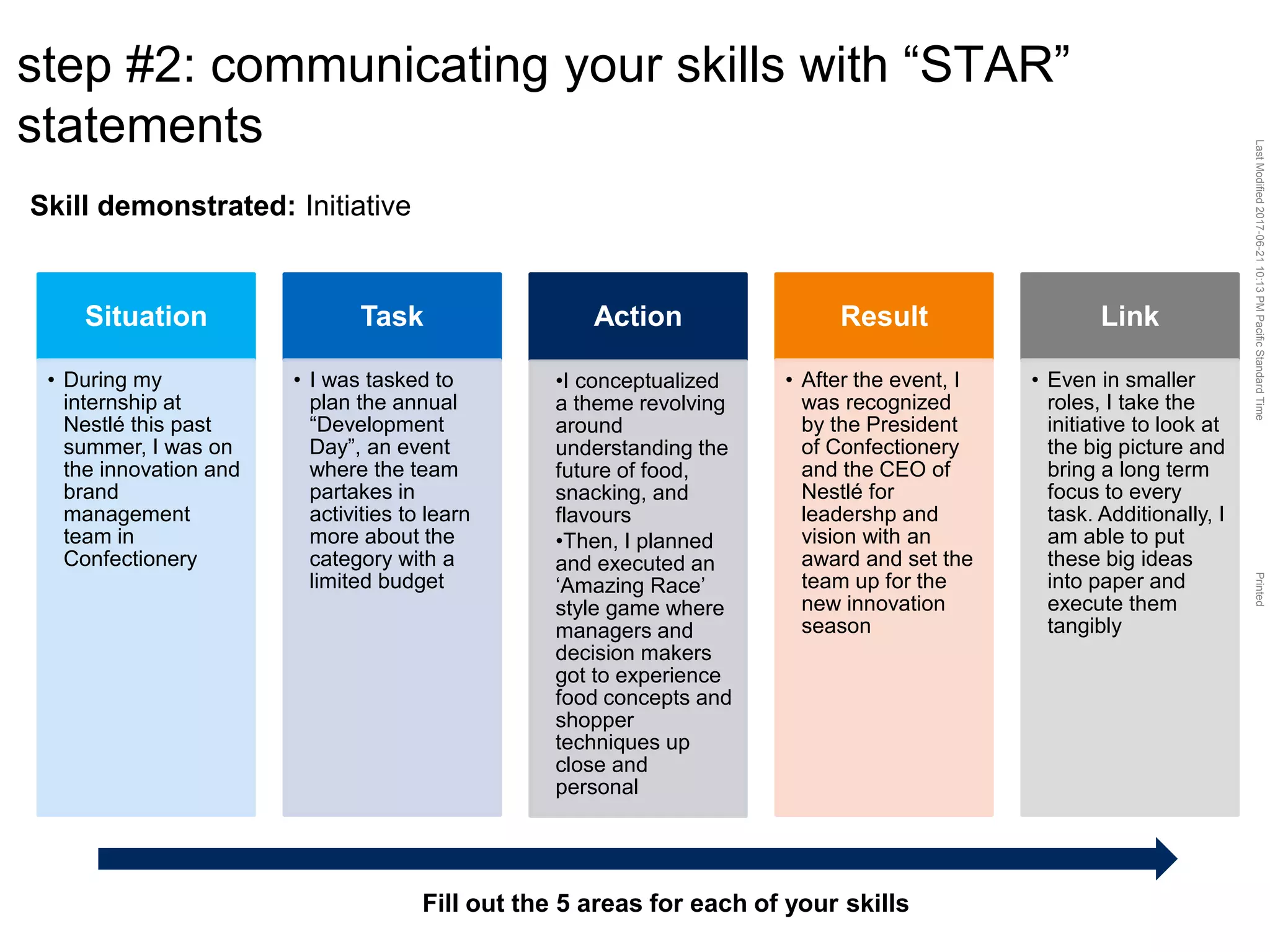 LastModified2017-06-2110:13PMPacificStandardTimePrinted
step #2: communicating your skills with “STAR”
statements
Situation
• During my
internship at
Nestlé this past
summer, I was on
the innovation and
brand
management
team in
Confectionery
Task
• I was tasked to
plan the annual
“Development
Day”, an event
where the team
partakes in
activities to learn
more about the
category with a
limited budget
Action
•I conceptualized
a theme revolving
around
understanding the
future of food,
snacking, and
flavours
•Then, I planned
and executed an
‘Amazing Race’
style game where
managers and
decision makers
got to experience
food concepts and
shopper
techniques up
close and
personal
Result
• After the event, I
was recognized
by the President
of Confectionery
and the CEO of
Nestlé for
leadershp and
vision with an
award and set the
team up for the
new innovation
season
Link
• Even in smaller
roles, I take the
initiative to look at
the big picture and
bring a long term
focus to every
task. Additionally, I
am able to put
these big ideas
into paper and
execute them
tangibly
Fill out the 5 areas for each of your skills
Skill demonstrated: Initiative
 