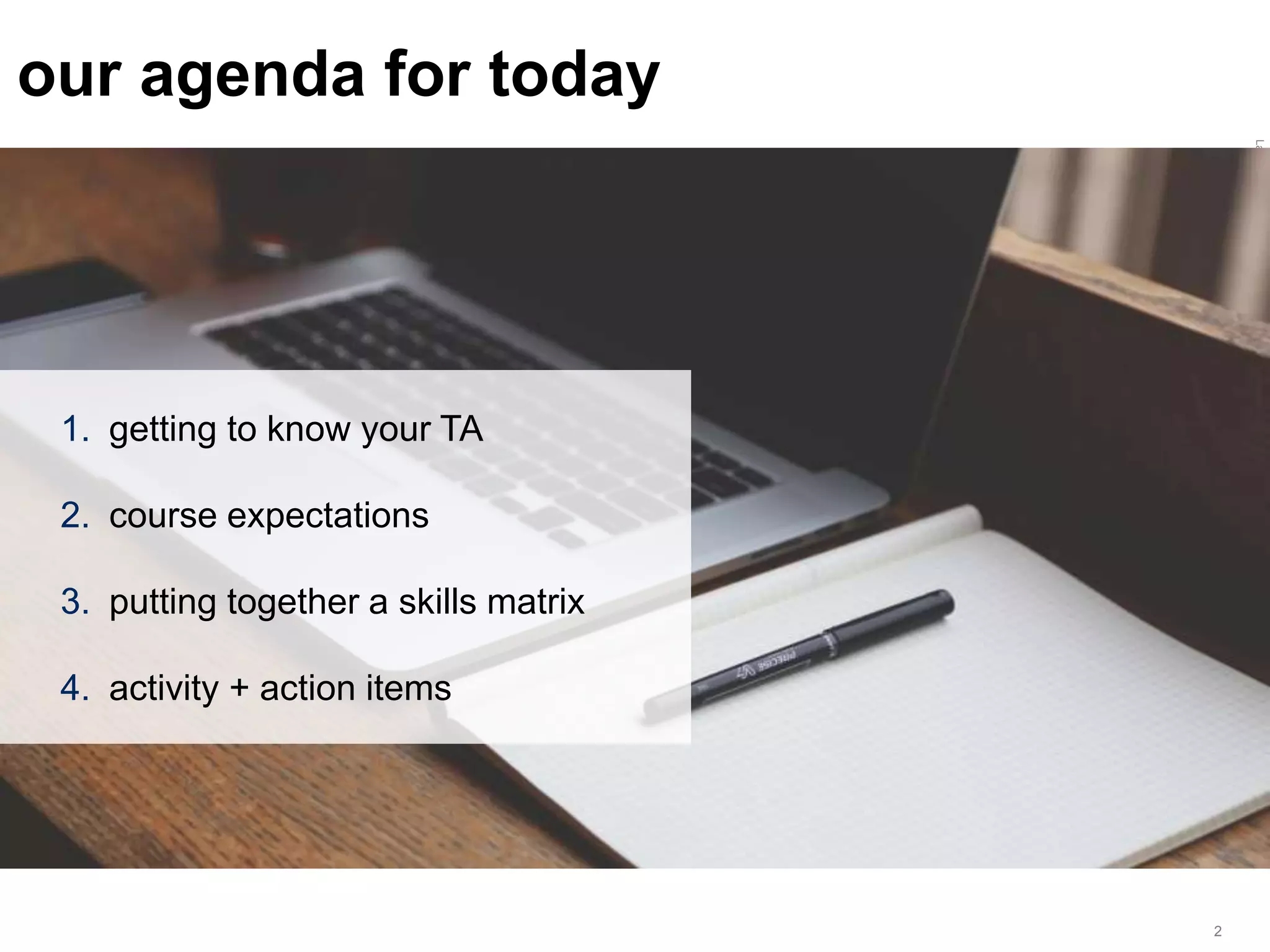 LastModified2017-06-2110:13PMPacificStandardTimePrinted
2
our agenda for today
1. getting to know your TA
2. course expectations
3. putting together a skills matrix
4. activity + action items
 