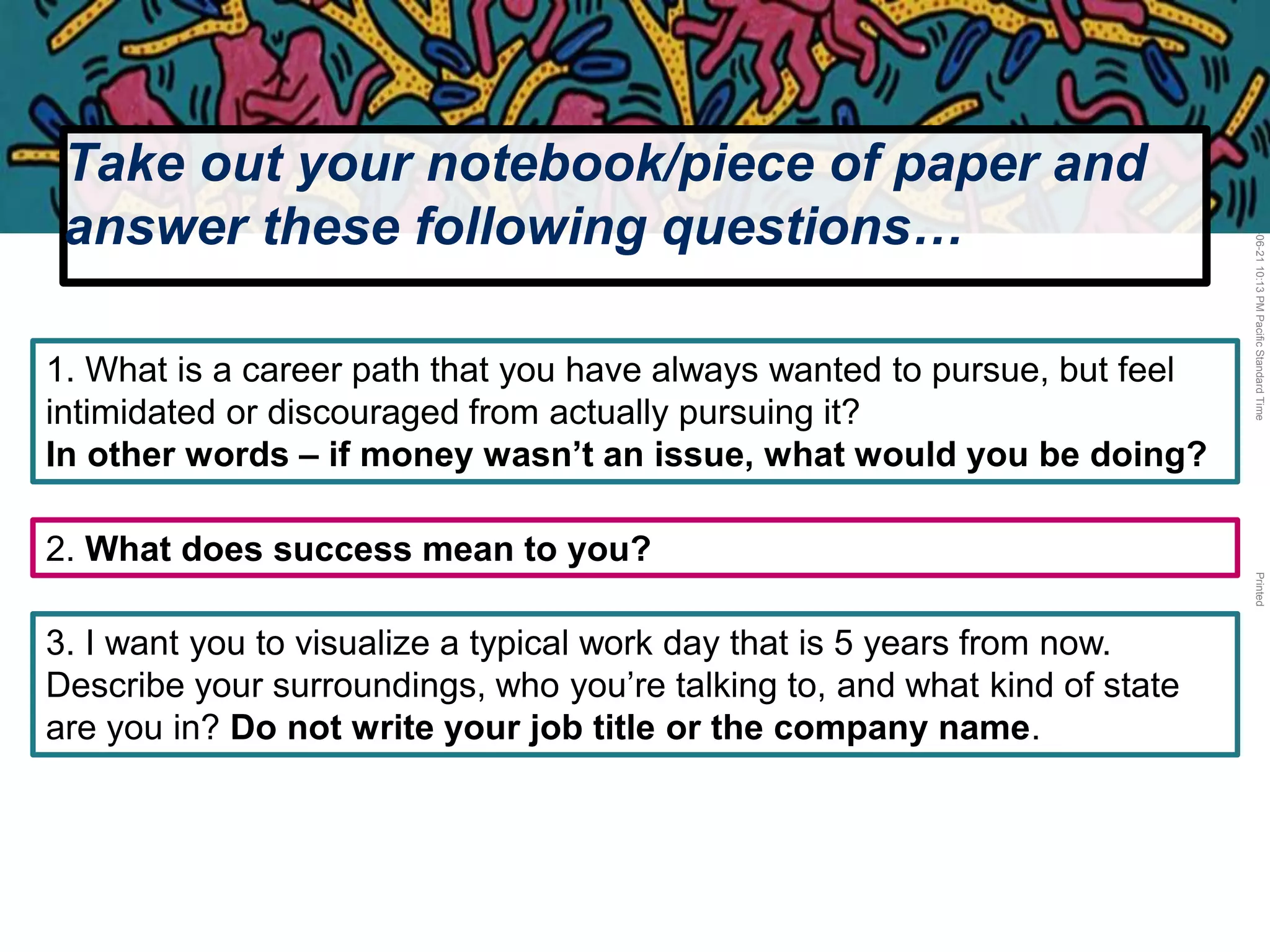 LastModified2017-06-2110:13PMPacificStandardTimePrinted
Take out your notebook/piece of paper and
answer these following questions…
1. What is a career path that you have always wanted to pursue, but feel
intimidated or discouraged from actually pursuing it?
In other words – if money wasn’t an issue, what would you be doing?
2. What does success mean to you?
3. I want you to visualize a typical work day that is 5 years from now.
Describe your surroundings, who you’re talking to, and what kind of state
are you in? Do not write your job title or the company name.
 