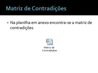 Matriz de ContradiçõesNa planilha em anexo encontra-se a matriz de contradições
