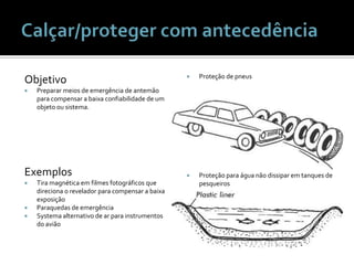 ObjetivoPrepararmeios de emergência de antemãoparacompensar a baixaconfiabilidade de um objetoousistema.ExemplosTira magnética em filmes fotográficos que direciona o revelador para compensar a baixa exposiçãoParaquedas de emergênciaSystema alternativo de ar para instrumentos do aviãoProteção de pneusProteção para água não dissipar em tanques de pesqueirosCalçar/proteger com antecedência