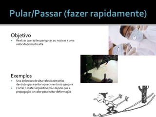 Pular/Passar (fazer rapidamente)ObjetivoRealizaroperaçõesperigosasounocivas a umavelocidademuitoaltaExemplosUso de brocas de altavelocidadepelosdentistasparaevitaraquecimentonagengivaCortar o material plásticomaisrápidoque a propagação de calorparaevitardeformação