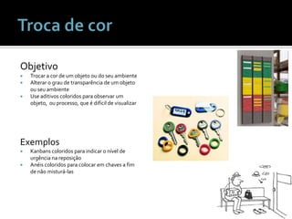 Troca de corObjetivoTrocar a cor de um objetoou do seuambienteAlterar o grau de transparência de um objetoouseuambienteUse aditivoscoloridosparaobservar um objeto,  ouprocesso, que é difícil de visualizarExemplosKanbanscoloridosparaindicar o nível de urgêncianareposiçãoAnéiscoloridosparacolocaremchaves a fim de nãomisturá-las