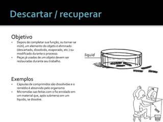 Descartar / recuperarObjetivoDepois de completarsuafunção, outornar-se inútil, um elemento do objeto é eliminado (descartado, dissolvido, evaporado, etc.) oumodificadodurante o processo.Peçasjáusadas de um objetodevem ser restauradasduranteseutrabalho.ExemplosCápsulas de comprimidossãodissolvidas e o remédio é absorvidopeloorganismoMicromolassaofeitas com o fioenroladoem um material que, apóssubmersoem um líquido, se dissolve.