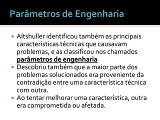 Parâmetros de EngenhariaAltshuller identificou também as principais características técnicas que causavam problemas, e as classificou nos chamados parâmetros de engenhariaDescobriu também que a maior parte dos problemas solucionados era proveniente da contradição entre uma característica técnica com outra.Ao tentar melhorar uma característica, outra era comprometida ou afetada.