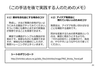 ※2）アイデア発想法に
慣れていない⼈のためのコツ
発想法は、アイデアを思い浮かばせる
ことを補助する道具です。
閃きを促進するための思考道具という
のは、厳密に使おうとするよりも、
「それは⽬安だ」と位置付けて、我流
の、やりやすいようなやり⽅で使って
ください。
※1）題材を⾃社品にする場合のコツ
熟成し、さほど発展の余地がないよ
うにみえる製品でやってみてください。
そういう物にも意外とまだまだ新製品
が発想できることを実感できます。
練習では構造がシンプルな製品がお
奨めです。⾼度なものにも適⽤できま
すが、単純なものを題材にした⽅が、
発想トレーニングが上⼿くいきます。
（この⼿法を後で実践する⼈のためのメモ）
シートのダウンロード
http://ishiirikie.sakura.ne.jp/sblo_files/ishiirikie/image/TRIZ_Shinka_Trend.pdf
26
 