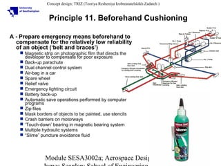 Concept design; TRIZ (Teoriya Resheniya Izobreatatelskikh Zadatch )

Principle 11. Beforehand Cushioning
A - Prepare emergency means beforehand to
compensate for the relatively low reliability
of an object (‘belt and braces’)
 Magnetic strip on photographic film that directs the
developer to compensate for poor exposure
 Back-up parachute
 Dual channel control system
 Air-bag in a car
 Spare wheel
 Relief valve
 Emergency lighting circuit
 Battery back-up
 Automatic save operations performed by computer
programs
 Zip-files
 Mask borders of objects to be painted, use stencils
 Crash barriers on motorways
 ‘Touch-down’ bearing in magnetic bearing system
 Multiple hydraulic systems
 “Slime” puncture avoidance fluid

Module SESA3002a; Aerospace Design

13

 