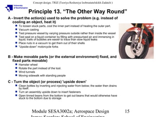 Concept design; TRIZ (Teoriya Resheniya Izobreatatelskikh Zadatch )

Principle 13. “The Other Way Round”
A - Invert the action(s) used to solve the problem (e.g. instead of
cooling an object, heat it)
To loosen stuck parts, cool the inner part instead of heating the outer part.
Vacuum casting
Test pressure vessel by varying pressure outside rather than inside the vessel
Test seal on a liquid container by filling with pressurised air and immersing in
liquid; trails of bubbles are easier to trace than slow liquid leaks
 Place nuts in a vacuum to get them out of their shells
 “Upside-down” motorcycle forks





B - Make movable parts (or the external environment) fixed, and
fixed parts movable)





Hamster wheel
Rotate the part instead of the tool.
Wind tunnels
Moving sidewalk with standing people

C - Turn the object (or process) 'upside down'
 Clean bottles by inverting and injecting water from below; the water then drains
by itself.
 Turn an assembly upside down to insert fasteners
 Open tinned beans from the bottom to get out beans that would otherwise have
stuck to the bottom due to storage

Module SESA3002a; Aerospace Design

15

 