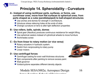 Concept design; TRIZ (Teoriya Resheniya Izobreatatelskikh Zadatch )

Principle 14. Spheroidality - Curvature
A - Instead of using rectilinear parts, surfaces, or forms, use
curvilinear ones; move from flat surfaces to spherical ones; from
parts shaped as a cube (parallelepiped) to ball-shaped structures
 Use arches and domes for strength in architecture.
 Introduce stress relieving holes at the ends of slots
 Change curvature on lens to alter light deflection properties

B - Use rollers, balls, spirals, domes
 Spiral gear (Nautilus) produces continuous resistance for weight lifting.
 Use spherical casters instead of cylindrical wheels to move furniture
 Archimedes screw

C - Go from linear to rotary motion (or vice versa)
 Rotary actuators in hydraulic system.
 Switch from reciprocating to rotary pump
 Linear motors

D - Use centrifugal forces





Centrifugal casting for even wall thickness structures
Spin components after painting to remove excess paint
Watt governor
Vortex/cyclone separates different density objects

Module SESA3002a; Aerospace Design

16

 