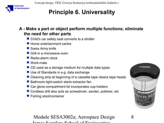 Concept design; TRIZ (Teoriya Resheniya Izobreatatelskikh Zadatch )

Principle 6. Universality
A - Make a part or object perform multiple functions; eliminate
the need for other parts














Child's car safety seat converts to a stroller
Home entertainment centre
Swiss Army knife
Grill in a microwave oven
Radio-alarm clock
Work-mate
CD used as a storage medium for multiple data types
Use of Standards in e.g. data exchange
Cleaning strip at beginning of a cassette tape cleans tape heads
Bathroom light-switch starts extractor fan
Car glove compartment lid incorporates cup-holders
Cordless drill also acts as screwdriver, sander, polisher, etc
Fishing stool/container

Module SESA3002a; Aerospace Design

8

 