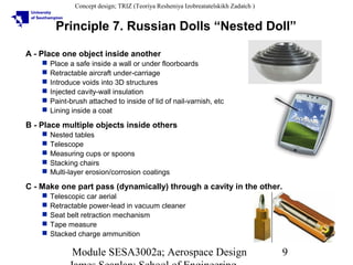 Concept design; TRIZ (Teoriya Resheniya Izobreatatelskikh Zadatch )

Principle 7. Russian Dolls “Nested Doll”
A - Place one object inside another







Place a safe inside a wall or under floorboards
Retractable aircraft under-carriage
Introduce voids into 3D structures
Injected cavity-wall insulation
Paint-brush attached to inside of lid of nail-varnish, etc
Lining inside a coat

B - Place multiple objects inside others






Nested tables
Telescope
Measuring cups or spoons
Stacking chairs
Multi-layer erosion/corrosion coatings

C - Make one part pass (dynamically) through a cavity in the other.






Telescopic car aerial
Retractable power-lead in vacuum cleaner
Seat belt retraction mechanism
Tape measure
Stacked charge ammunition

Module SESA3002a; Aerospace Design

9

 