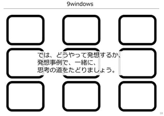 9windows
では、どうやって発想するか、
発想事例で、⼀緒に、
思考の道をたどりましょう。
18
 