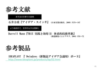 参考文献
石井力重『アイデア・スイッチ』（日本実業出版社、2009）P178～187
Darrell Mann『TRIZ 実践と効用(1) 体系的技術革新』
（創造開発イニシアチブ、2004）P53～72
参考製品
IDEAPLANT 『 9windows（新製品アイデア会議用）ボード』
http://www.ideaplant.jp/products/bp/02.html
45
本⼿法の⽂章での説明
より根底的で、哲学的な⼿法理解に
 