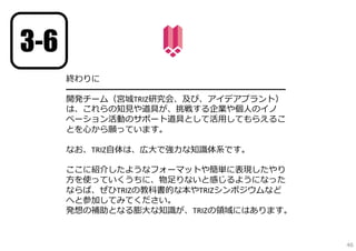 終わりに
━━━━━━━━━━━━━━━━━━━━━━━━━━
開発チーム（宮城TRIZ研究会、及び、アイデアプラント）
は、これらの知⾒や道具が、挑戦する企業や個⼈のイノ
ベーション活動のサポート道具として活⽤してもらえるこ
とを⼼から願っています。
なお、TRIZ⾃体は、広⼤で強⼒な知識体系です。
ここに紹介したようなフォーマットや簡単に表現したやり
⽅を使っていくうちに、物⾜りないと感じるようになった
ならば、ぜひTRIZの教科書的な本やTRIZシンポジウムなど
へと参加してみてください。
発想の補助となる膨⼤な知識が、TRIZの領域にはあります。
3-6
46
 