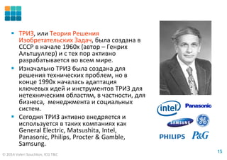 © 2014 Valeri Souchkov, ICG T&C
1515
ТРИЗ, или Теория Решения
Изобретательских Задач, была создана в
СССР в начале 1960х (автор – Генрих
Альтшуллер) и с тех пор активно
разрабатывается во всем мире.
Изначально ТРИЗ была создана для
решения технических проблем, но в
конце 1990х началась адаптация
ключевых идей и инструментов ТРИЗ для
нетехническим областям, в частности, для
бизнеса, менеджмента и социальных
систем.
Сегодня ТРИЗ активно внедряется и
используется в таких компаниях как
General Electric, Matsushita, Intel,
Panasonic, Philips, Procter & Gamble,
Samsung.
 