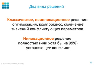 © 2014 Valeri Souchkov, ICG T&C
2525
Два вида решений
Классическое, неинновационное решение:
оптимизация, компромисс, смягчение
значений конфликтующих параметров.
Инновационное решение:
полностью (или хотя бы на 99%)
устраняющее конфликт
 