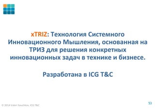 © 2014 Valeri Souchkov, ICG T&C
5353
xTRIZ: Технология Системного
Инновационного Мышления, основанная на
ТРИЗ для решения конкретных
инновационных задач в технике и бизнесе.
Разработана в ICG T&C
 