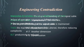 Improving Parameter : 
?Ease of operation 
?Device complexity 
Worsening Parameter : 
?Productivity 
Manipulating variable: Inventive The degree principle 
of bending of the signal cable 
Responding variable: Complexity of the machine, 
IF the degree of bending of the signal cable is maintained 
THEN the machine will not have to be altered, therefore reducing 
complexity 
BUT productivity is reduced 
#1 Segmentation 
#28 Mechanics substitution 
#12 Equipotentiality 
#17 Another dimension 
#15 Dynamization 
 