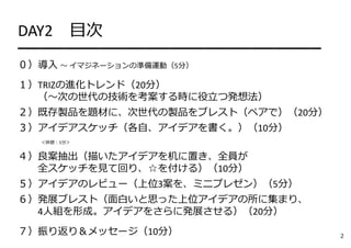 2
DAY2 ⽬次
━━━━━━━━━━━━━━━━━━━━━━━━━━
０）導⼊ 〜 イマジネーションの準備運動（5分）
１）TRIZの進化トレンド（20分）
（〜次の世代の技術を考案する時に役⽴つ発想法）
２）既存製品を題材に、次世代の製品...