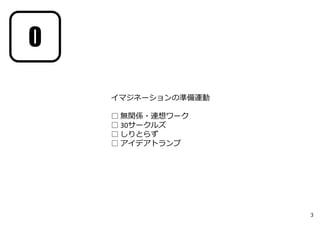3
0
イマジネーションの準備運動
□ 無関係・連想ワーク
□ 30サークルズ
□ しりとらず
□ アイデアトランプ
 