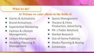 What we do?
       At Trizone we cater clients in the fields of
Events & Activations             Sports Management
Brand Activations                Theatre & Films
Experiential Marketing           Production, Advertising
Fashion & Lifestyle              PR- ( Public Relation)
Management,                      Market Research
Leisure Management               Out-of-home Publicity
Wedding Planning &               Media Planning & Buying
Management                       Exhibitions
 