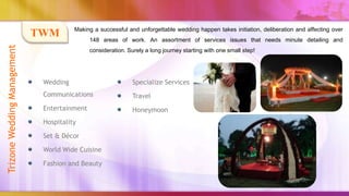 Making a successful and unforgettable wedding happen takes initiation, deliberation and affecting over
                             TWM              148 areas of work. An assortment of services issues that needs minute detailing and
Trizone Wedding Management


                                              consideration. Surely a long journey starting with one small step!




                              Wedding                          Specialize Services
                              Communications                   Travel
                              Entertainment                    Honeymoon
                              Hospitality

                              Set & Décor

                              World Wide Cuisine

                              Fashion and Beauty
 
