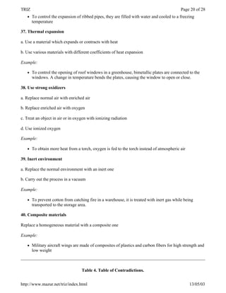 TRIZ                                                                                        Page 20 of 28
   l   To control the expansion of ribbed pipes, they are filled with water and cooled to a freezing
       temperature

37. Thermal expansion

a. Use a material which expands or contracts with heat

b. Use various materials with different coefficients of heat expansion

Example:

   l   To control the opening of roof windows in a greenhouse, bimetallic plates are connected to the
       windows. A change in temperature bends the plates, causing the window to open or close.

38. Use strong oxidizers

a. Replace normal air with enriched air

b. Replace enriched air with oxygen

c. Treat an object in air or in oxygen with ionizing radiation

d. Use ionized oxygen

Example:

   l   To obtain more heat from a torch, oxygen is fed to the torch instead of atmospheric air

39. Inert environment

a. Replace the normal environment with an inert one

b. Carry out the process in a vacuum

Example:

   l   To prevent cotton from catching fire in a warehouse, it is treated with inert gas while being
       transported to the storage area.

40. Composite materials

Replace a homogeneous material with a composite one

Example:

   l   Military aircraft wings are made of composites of plastics and carbon fibers for high strength and
       low weight



                                   Table 4. Table of Contradictions.


http://www.mazur.net/triz/index.html                                                             13/05/03
 