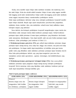 Kedua, siswa memiliki tujuan belajar untuk membantu komunitas dan mendorong siswa
lain untuk belajar. Kelas dan sekolah adalah komunitas belajar di mana setiap anggota memiliki
baik tanggung jawab untuk memaksimalkan belajar sendiri dan tanggung jawab untuk membantu
semua anggota masyarakat lainnya memaksimalkan pembelajaran mereka.
Selain tujuan pembelajaran individual setiap siswa, kelompok pembelajaran kooperatif memiliki
tujuan belajar akademik. Banyak tugas seperti menyelesaikan percobaan ilmu pengetahuan,
melakukan drama, membuat video, atau memberikan sebuah konser band, melibatkan tujuan
kelompok maupun yang individual.
Siswa individu dan kelompok pembelajaran kooperatif mengembangkan tujuan mereka dan
berkomitmen untuk mencapai mereka dalam konferensi penetapan tujuan. Sebuah konferensi
penetapan tujuan adalah pertemuan di mana tujuan pembelajaran yang dirumuskan dan kontrak
untuk mencapainya dikembangkan. Guru dapat memilih salah satu jenis berikut penetapan tujuan
konferensi. (Lihat perbandingan jenis konferensi di Tabel 2.3.)
1. Melakukan pertemuan guru-siswa (T/S). guru pribadi dapat melakukan pertemuan dengan
penetapan tujuan masing-masing siswa setiap hari, minggu atau semester, atau pada awal setiap
unit pembelajaran. Ini dengan mudah dapat menyebabkan (a) kelebihan peran guru karena
jumlah waktu yang dibutuhkan untuk melakukan pertemuan penetapan tujuan bermakna dan (b)
fokus kelas pada pembelajaran individu saja, yang dapat mengisolasi para siswa dan
menciptakan potensi untuk egosentrisme , egoisme, keterasingan, dan ketidakberdayaan yang
dipelajari.
2. Melakukan pertemuan guru-koperasi kelompok belajar (T/G). Guru secara pribadi
melakukan pertemuan tujuan pengaturan dengan masing-masing kelompok pembelajaran
kooperatif. Hal ini memotong waktu yang diperlukan untuk melakukan konferensi jauh tapi
masih dapat menyebabkan beberapa kelebihan guru.
Tabel 2.3 jenis penetapan tujuan confereces
GURU-SISWA (T/S) GURU-KELOMPOK (T/G) KELOMPOK-SISWA (G/S)
Mengenal
Bertemu dengan siswa dan
menggunakan bukti keahlian
(tes sebelumnya, pertunjukan,
Bertemu dengan kelompok
dan menggunakan bukti
anggota keahlian
Kelompok ini mengumpulkan
bukti-bukti yang tersedia
keahlian anggota
 