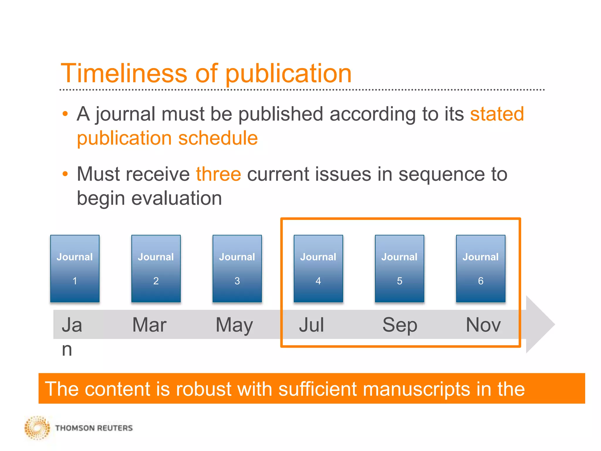 Timeliness of publication
• A journal must be published according to its stated
publication schedule
• Must receive three current issues in sequence to
begin evaluation
Ja
n
Mar May Jul Sep Nov
Journal
1
Journal
2
Journal
3
Journal
4
Journal
5
Journal
6
The content is robust with sufficient manuscripts in the
pipeline
 